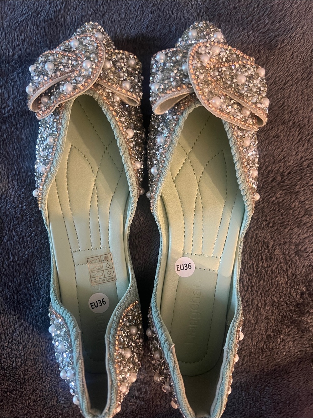 Embellished Light Green Ballet Flats with Bow